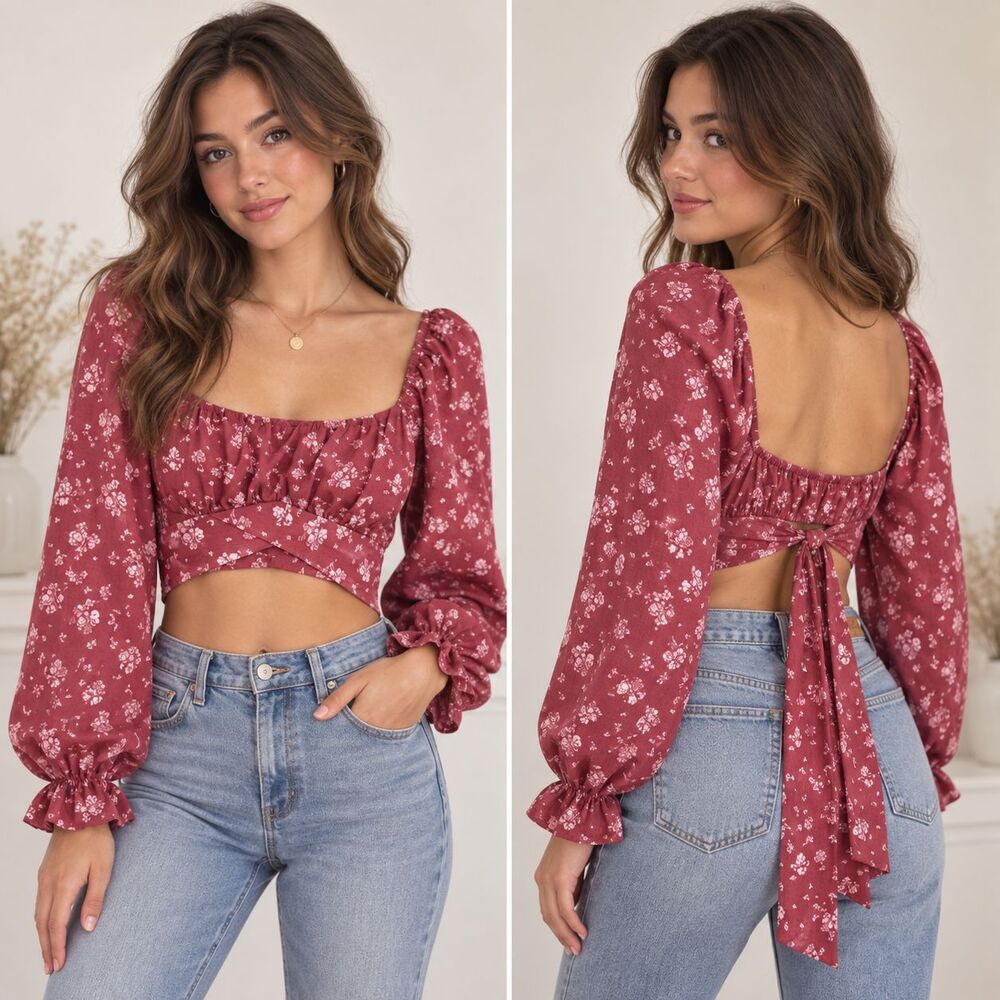 Altar’d State Medium Mauve Floral Crop Top Tie Back Long Sleeve Cottagecore